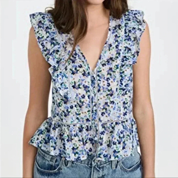 NWT Veronica Beard Araya Floral Flutter-Sleeve Peplum Top Cobalt Blue Multi 8 - Picture 2 of 8